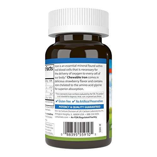 Carlson - Chewable Iron, 30 mg, Superior Absorption, Blood Health, Energy Production & Optimal Wellness, Natural Strawberry Flavor, 60 Tablets