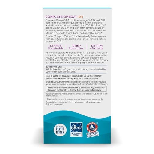 Nordic Naturals Complete Omega-D3, Lemon Flavor - 120 Soft Gels - 565 mg Omega-3 + 70 mg GLA + 1000 IU Vitamin D3 - EPA & DHA - Healthy Skin, Cognition, Positive Mood - Non-GMO - 60 Servings