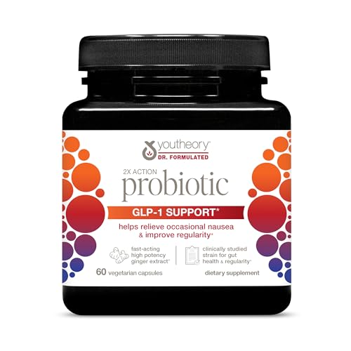 Youtheory 2X Action Probiotic - GLP-1 Support for Gut & Digestive Health* - Clinically Studied Probiotic - Prebiotic Fiber & Fast-Acting Ginger Extract - Gluten & Soy Free - 60 Vegetarian Capsules