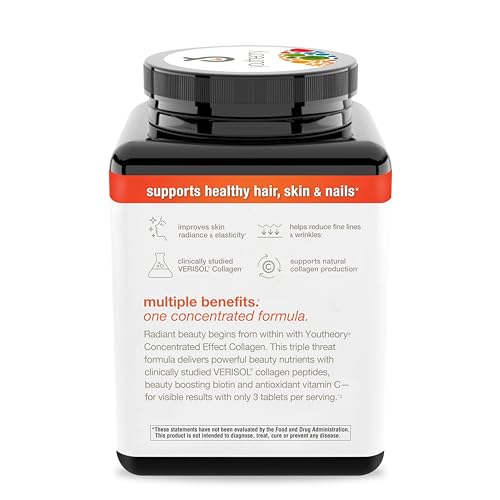 Youtheory Concentrated Effect Collagen with Verisol - Advanced Collagen Supplement - Supports Skin, Hair Thickness & Nail Strength - with Biotin & Vitamin C - Gluten, Soy & Dairy Free - 180 Tablets