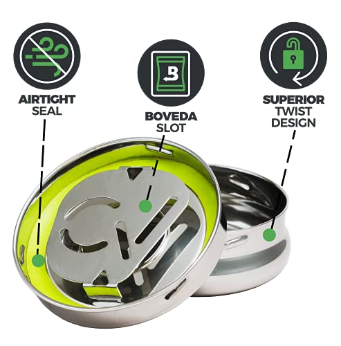 CVault by Boveda | 1/4 oz Twist Top Storage Container | Shatterproof, Air Tight & Light Resistant | Food Grade Stainless Steel | Includes 62% RH 8-gram Boveda Pack