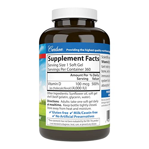 Carlson - Vitamin D3 4000 IU (100 mcg), Immune Support, Bone Health, Muscle Health, Cholecalciferol, Vitamin D Supplements, Vitamin D3 Soft Gels, 360 Softgels