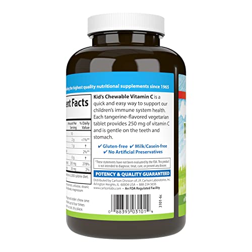 Carlson - Kid's Chewable Vitamin C, 250 mg, 1 g of Sugars, Immune Support & Optimal Wellness, Antioxidant, Tangerine, 120 Vegetarian Tablets