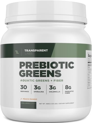 Transparent Labs Prebiotic Greens - Superfood Powder & Antioxidants Supplement with Organic Spirulina, Chloerra, Acacia, & Green Banana Powder - 30 Servings, Peach Mango