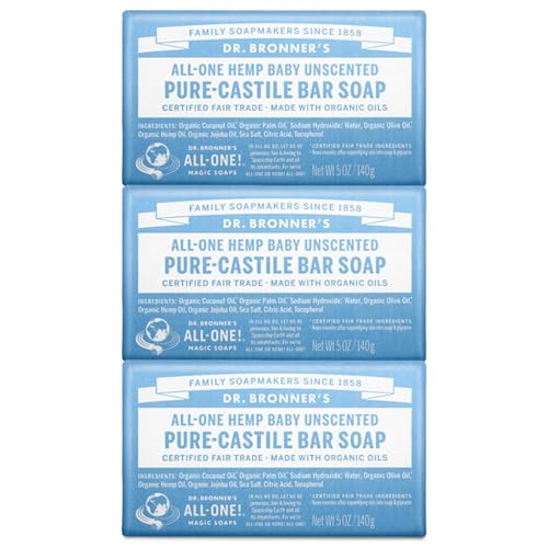 Dr. Bronner's - Pure-Castile Bar Soap (Baby Unscented, 5 ounce, 3-pack) - Made with Organic Oils, For Face, Body, Hair, Gentle for Sensitive Skin, Babies, No Added Fragrance, Biodegradable, Vegan