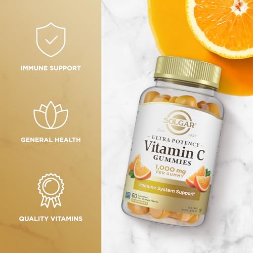 Solgar Vitamin C Gummies for Adults 1,000mg Ultra Potency Vitamin C Immune System Support for Women & Men - Tasty Tart Orange Flavor, Vegan & Gluten-Free Gummy, 2 Month Supply, 60 Servings, 2g Sugar
