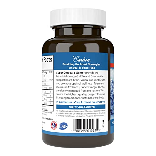 Carlson Super Omega-3 Gems, Norwegian, 1,200 mg Omega-3s, 100 Soft Gels