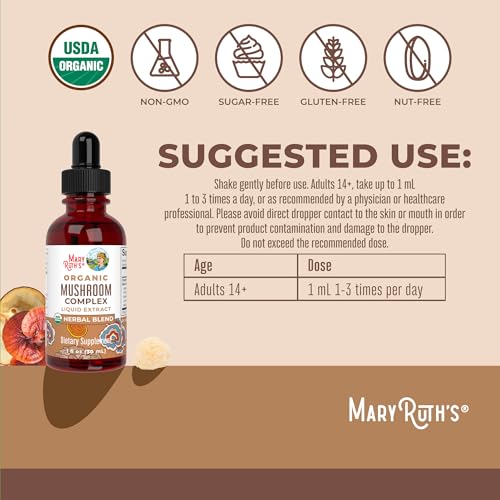 MaryRuth Organics USDA Mushroom Complex | Herbal Liquid Drops | Supplement | Lion's Mane | Reishi Mushroom | Shiitake Mushrooms | Non-GMO | Vegan | Alcohol Free Tincture | 30 Servings
