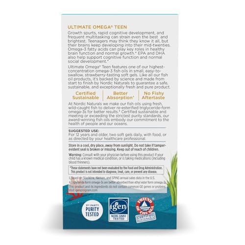 Nordic Naturals Ultimate Omega 2X Teen, Strawberry - 60 Mini Soft Gels - 1120 mg Total Omega-3s with EPA & DHA - Brain Health, Positive Mood, Social Development, Learning - Non-GMO - 30 Servings