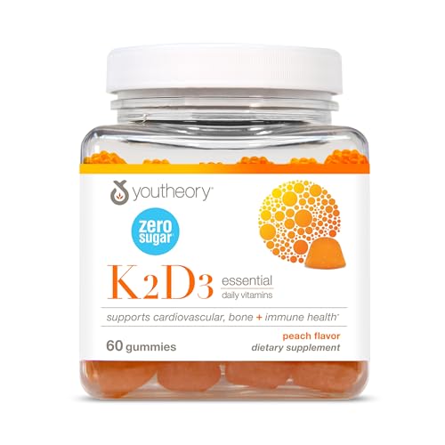 Youtheory K2D3 - Bone & Heart Health Support* - Combines Vitamin D3 & Vitamin K2 - Dairy, Soy & Gluten Free - Peach, 60 Vegetarian Gummies