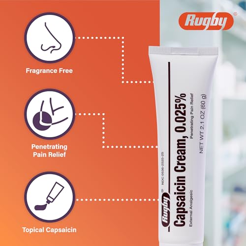 Rugby Capsaicin 0.025% Cream for Penetrating Pain Relief - 2.1 Oz (60g) (3 Pack)