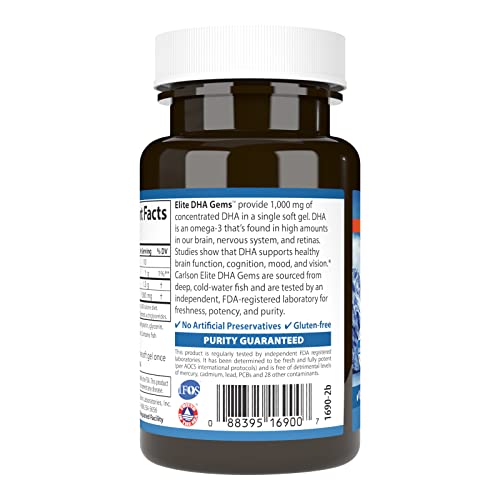 Carlson - Elite DHA Gems, 1000 mg DHA, Supports Healthy Brain Function & Vision, 30 soft gels