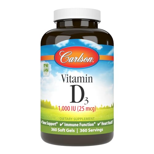 Carlson - Vitamin D3, 1000 IU (25 mcg), Bone Health, Muscle Health, Cholecalciferol, Vitamin D Supplements, Vitamin D3 Soft Gels, 360 Softgels