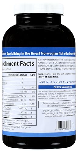 Carlson - Cod Liver Oil Gems, Super 1000 mg, 250 mg Omega-3s, 400 IU (10 mcg) Vitamin D3, Wild Caught Norwegian Arctic Cod Liver Oil, Nordic Fish Oil Capsules, 250 Softgels