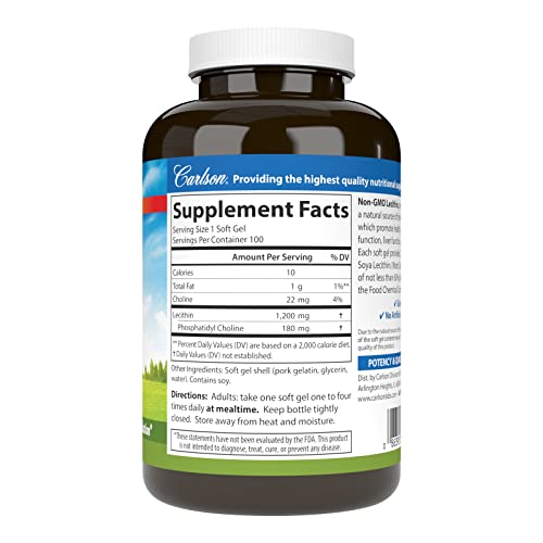 Carlson - Lecithin, Non-GMO, 1200 mg, Nervous System & Liver Function, Unbleached Soy Lecithin, 100 Softgels