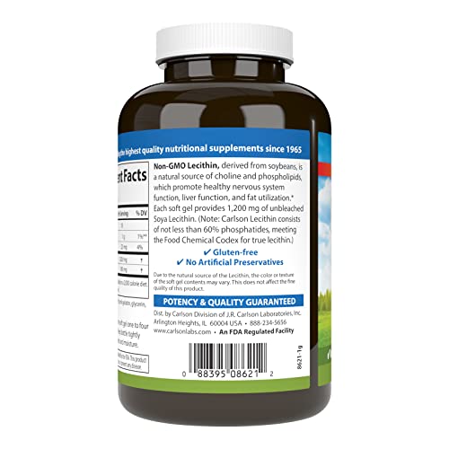 Carlson - Lecithin, Non-GMO, 1200 mg, Nervous System & Liver Function, Unbleached Soy Lecithin, 100 Softgels