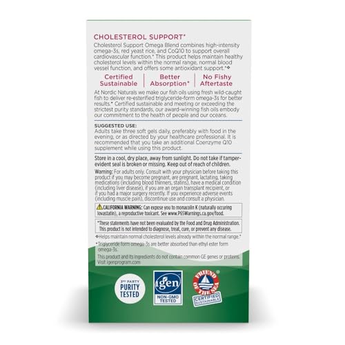 Nordic Naturals Cholesterol Support, Lemon - 60 Soft Gels - 975 Omega-3 + Red Yeast Rice & CoQ10 - Normal Cholesterol, Antioxidant Support - EPA & DHA - Non-GMO - 20 Servings