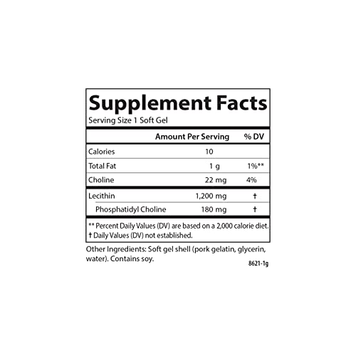 Carlson - Lecithin, Non-GMO, 1200 mg, Nervous System & Liver Function, Unbleached Soy Lecithin, 100 Softgels