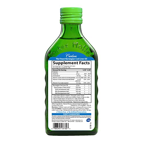 Carlson - Kid's Cod Liver Oil, 550 mg Omega-3s, Plus Vitamins A and D3, Liquid Fish Oil, Wild Caught Norwegian Arctic Cod, Sustainably Sourced Nordic Fish Oil, Green Apple, 250 mL (8.4 Fl Oz)