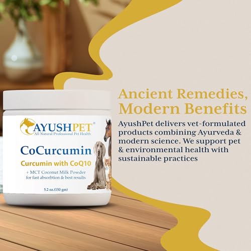 Ayush Herbs Ayush Pet CoCurcumin with Coq10, Muscle and Joint Pet Superfood Powder, Heart and Digestion Support, Small or Large Animals, Young and Senior Pet Supplement, 5.2 Ounces
