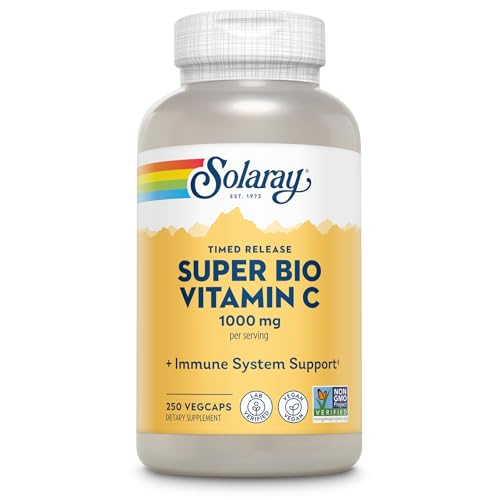 Solaray Super Bio Vitamin C 1000mg, Buffered, Time Release Capsules with Bioflavonoids, Two-Stage for High Absorption & All Day Immune Support, Vegan, 60 Day Guarantee, 125 Servings, 250 VegCaps