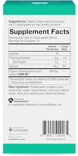 Youtheory Ashwagandha Liquid - Uses KSM-66 - Ashwagandha Supplement to Support Stress Relief* - Vegan - Dairy, Soy & Gluten Free - 12 Single-Serving Packets