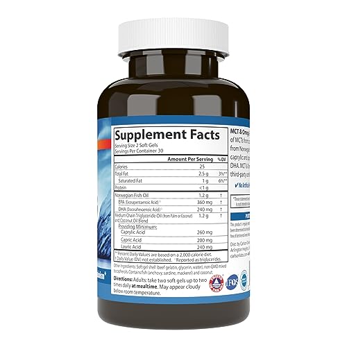 Carlson - MCT & Omega-3, Coconut Oil, Caprylic & Capric Acids, EPA & DHA, Energy Production, Fat Metabolism & Brain Health, 60 Softgels