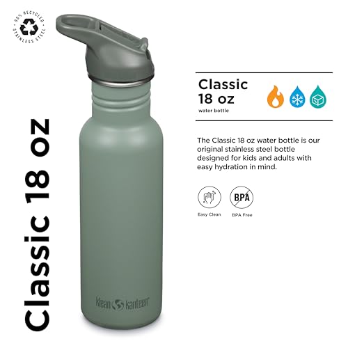 Klean Kanteen 18 oz Classic Water Bottle with Flip Seal Sport Cap & Straw - 100% Leakproof Spout & Cap - Durable, BPA-Free & Stainless Steel Material - Easy-Sip Water Bottle - Sea Spray