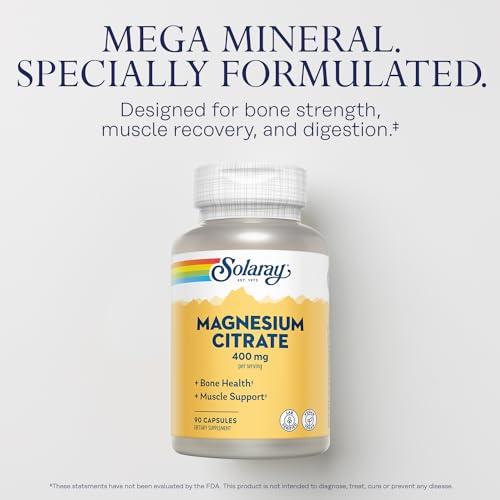 Solaray Magnesium Citrate - Pure Magnesium Citrate Capsules, Supplement for Calm, Bone Health, Cellular Energy, Heart & Muscle Support, 400mg Per Serving - 90 Vegan Capsules