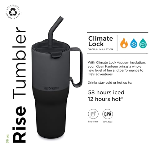 Klean Kanteen Rise Tumbler with Straw Lid - Dishwasher-Safe, Stainless Steel Insulated Tumbler with Handle - Features Flip Lid & Straw - 36 oz, Tan