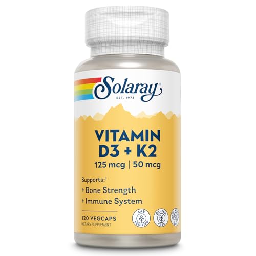 SOLARAY Vitamin D3 K2 - Bone Health and Immune Support Supplement - With 5000 IU Vitamin D as Vit D3 and 50 mcg Vitamin K2 as Menoquinone MK7, Made Without Soy, 60-Day Guarantee, 120 Serv, 120 VegCaps