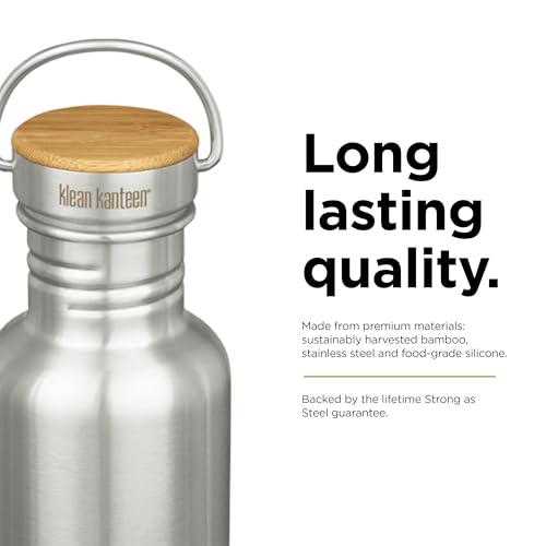 Klean Kanteen 27 oz Reflect Water Bottle with Bamboo Cap - Reusable Water Bottle - BPA-Free - Made with Stainless Steel & Food-Grade Silicone - Brushed Stainless, 27 oz