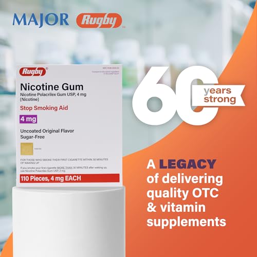 Rugby Polacrilex 4mg Nicotine Gum - Smoking and Vaping Quitting Aid - Sugar-Free - 110 Count - Original (1 Pack)