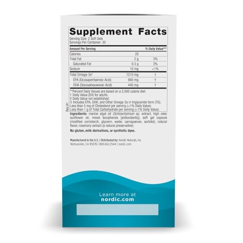 Nordic Naturals Plant Based Ultimate Omega, Lemon Flavor - 60 Vegetarian Soft Gels - 1210 mg Omega-3 - Vegan EPA and DHA - Supplement Made from Algae - Brain & Heart Support - Non-GMO - 30 Servings