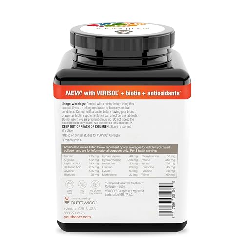 Youtheory Concentrated Effect Collagen with Verisol - Advanced Collagen Supplement - Supports Skin, Hair Thickness & Nail Strength - with Biotin & Vitamin C - Gluten, Soy & Dairy Free - 180 Tablets