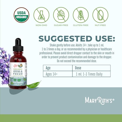 MaryRuth - USDA Organic Brain Nootropic Focus Supplement for Adults with Ginkgo Biloba & Astragalus | Focus & Adrenal Support | Brain and Memory Drops | Vegan | Non-GMO | Gluten Free | 30 Servings