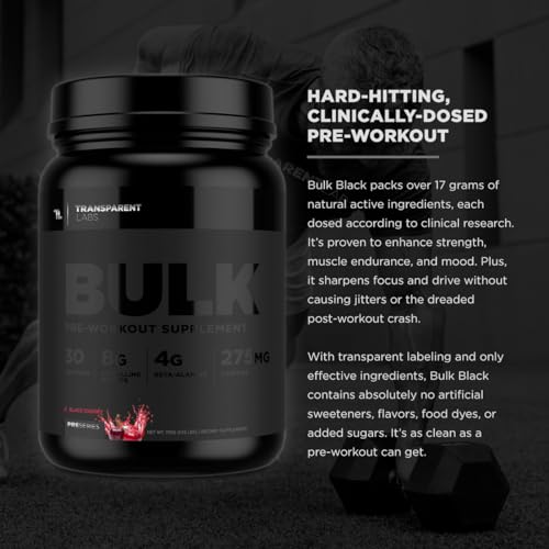 Transparent Labs Bulk Black Pre Workout - Clinically Dosed, Naturally Sweetened Preworkout for Men and Women with Beta Alanine Powder, Citrulline Malate, & Caffeine- 30 Servings, Blue Raspberry