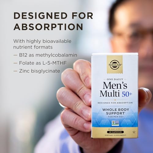 Solgar One Daily Men's Multi 50+ Whole Body Support for Men 50 and Older Highly Absorbable Delayed Release Heart, Energy, Stress, Muscle, Bone, Prostate Support Vitamin 60 Vegan Capsules, 60 Servings
