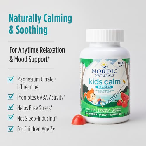 Nordic Naturals Kids Calm Gummies - Strawberry Watermelon - 60 Gummies - Magnesium L-Theanine Supplement - Calming for Kids - Relaxation Support - Up to 60 Servings
