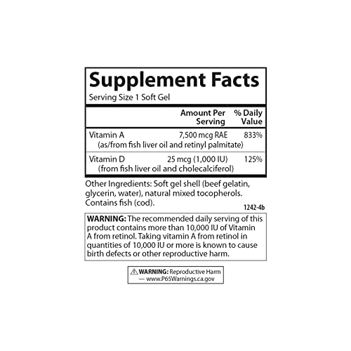 Carlson - A & D, 25000 IU (7500 mcg RAE) Vitamin A, 1000 IU (25 mcg) Vitamin D, Vision Support, Skin Health, 250 Softgels