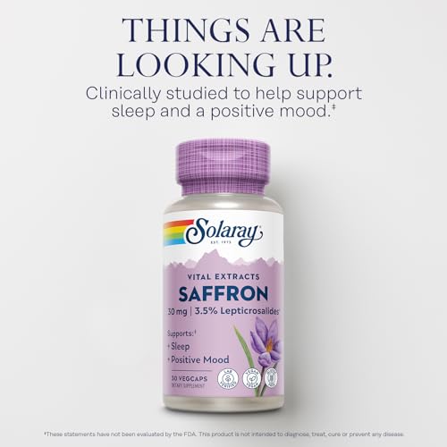 SOLARAY Saffron Extract - Sleep and Positive Mood Support - Vegan and Gluten Free Saffron Supplements - Lab Verified - 60-Day Guarantee - 30 Servings, 30 VegCaps