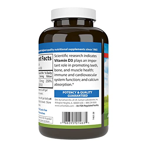Carlson - Vitamin D3, 2000 IU (50 mcg), Bone Health, Muscle Health, Cholecalciferol, Vitamin D Supplements, Vitamin D3 Soft Gels, 360 Softgels