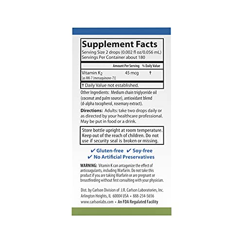 Carlson - Super Daily K2, 45 mcg Liquid Vitamin K, Bone Health, K2 Vitamin, Vitamin K Supplement, Vitamin K-2 MK7, Unflavored, 360 Drops (10.16 mL)
