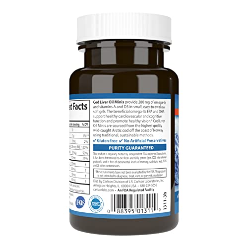 Carlson - Cod Liver Oil Minis, 280 mg Omega-3s + Vitamins A & D3, Heart Support & Cognitive Function, Vision Health, 100 Mini Softgels