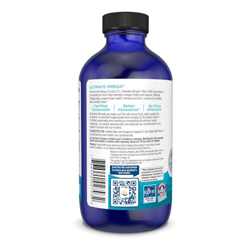 Nordic Naturals Ultimate Omega Liquid, Lemon Flavor - 8 oz - 2840 mg Omega-3 - High-Potency Fish Oil Supplement with EPA & DHA - Promotes Brain & Heart Health - Non-GMO - 48 Servings