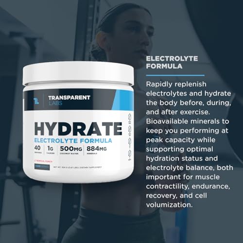 Transparent Labs Hydrate Naturally Sweetened Electrolytes Powder - Hydration Powder Electrolytes with Coconut Water, Calcium, Taurine, & Potassium - 40 Servings, Tropical Punch