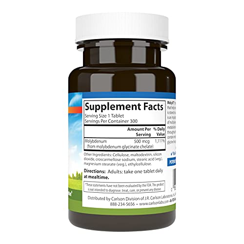 Carlson - Moly-B, Chelated Molybdenum Supplements, Metabolism Support & Enzyme Activation, Molybdenum Glycinate Chelate, 300 Vegetarian Tablets