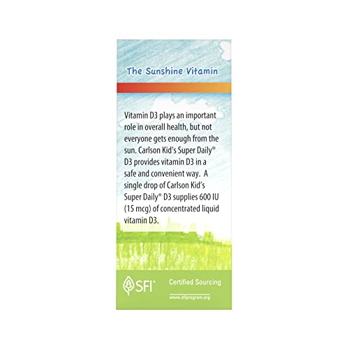 Carlson - Kid's Super Daily D3, Kids Vitamin D Drops, 600 IU (15 mcg) per Drop, Vegetarian, Liquid Vitamin D Drops for Kids, Unflavored, 90 Drops (2.54 mL)