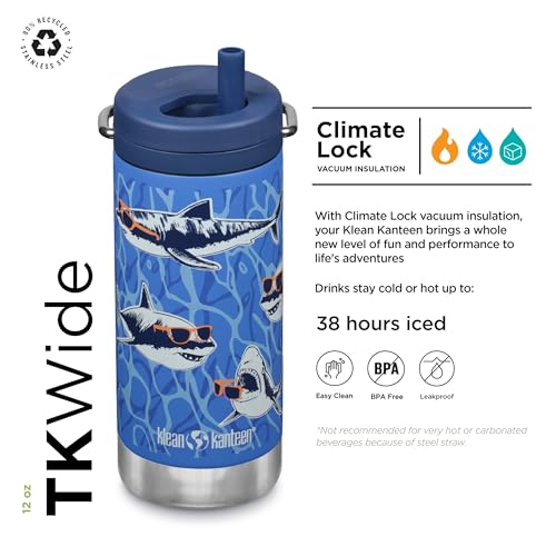 Klean Kanteen TKWide Insulated Coffee Tumbler with Café Cap - Stainless Steel Coffee Tumbler - Sharks in Shades