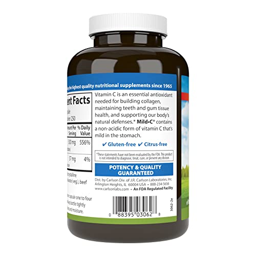 Carlson - Mild-C, 500 mg Buffered Vitamin C, Immune Support & Optimal Wellness, Antioxidant, 250 capsules
